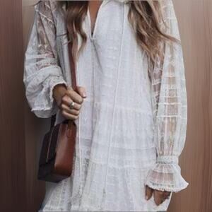 Zara White Embroidered Lace Gauze Dress Cottage Summer Oversized XS Boho Gypsy